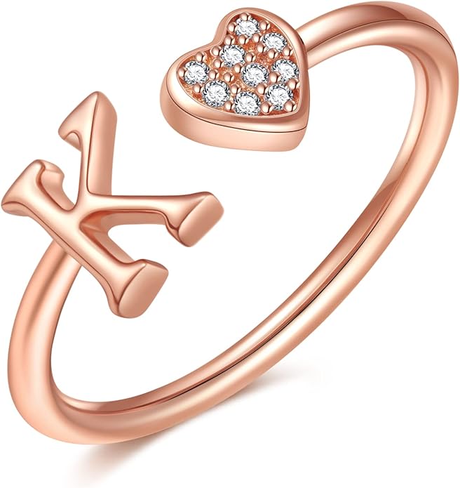 Valentines Day Gift Initial Rings for Teen Girls - S925 Heart Sterling Silver Rings for Teen Girls | 14K Gold/Rose Gold/Sterling Silver Plated Ring for Girls Kids Women Ring for Teenager Girls Gifts Adjustable, No Tarnish, Hypoallergenic
