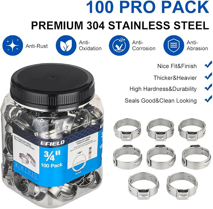 100 piece EFIELD 3/4-inch Pex Crimp Cinch Clamp Rings | Stainless Steel - Image 2
