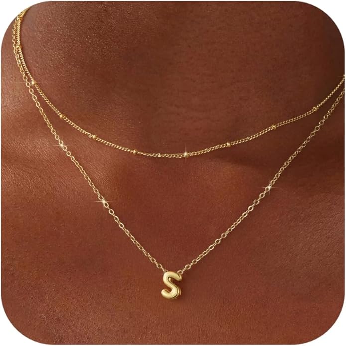 Valentines Day Gifts for Her - Bubble Letter Necklace Layered 14K Gold Plated Initial Necklaces for Women Dainty Cute Choker Pendant Stack Jewelry Fashion Accessories Teen Gift Trendy Stuff