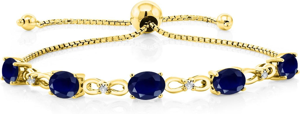 Gem Stone King 7X5MM Oval Cut Gemstone Birthstone and Accent Lab Grown Diamond Tennis Bracelet For Women In 18K Yellow Gold Plated Silver | Adjustable Bolo Bracelet For Women | Easy-On Easy-Off