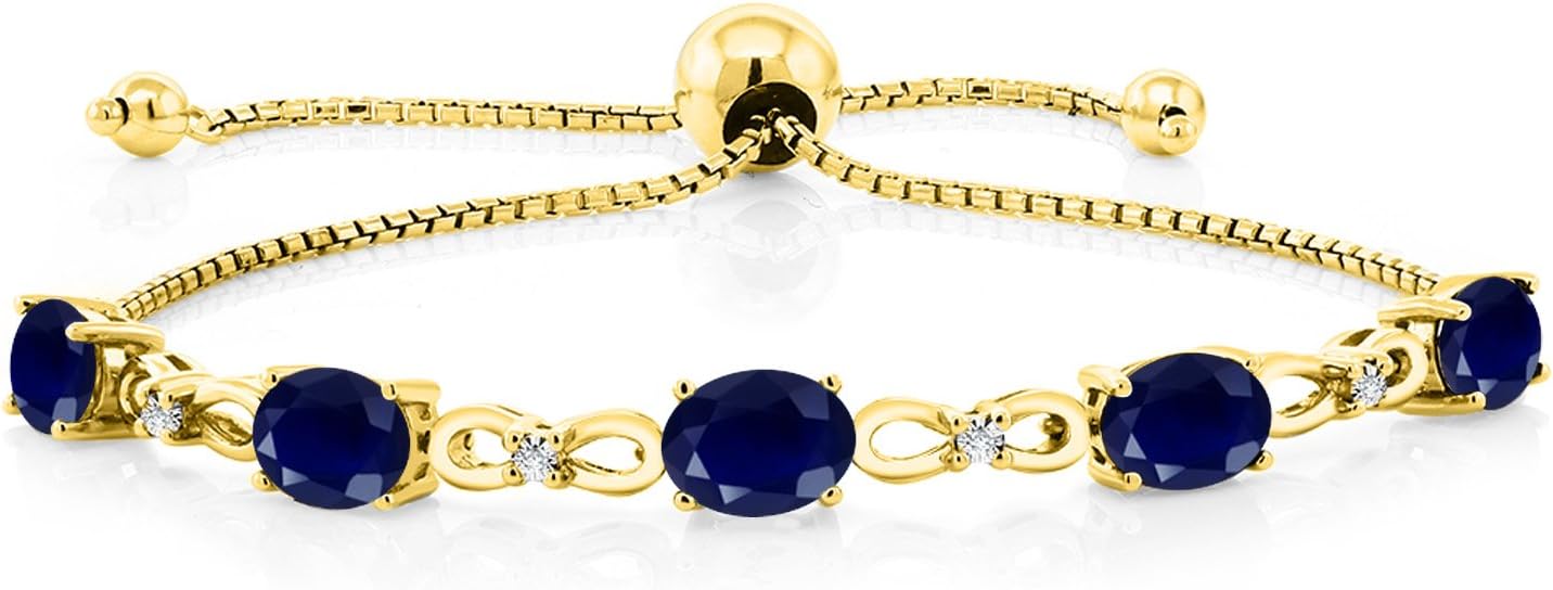 Gem Stone King 7X5MM Oval Cut Gemstone Birthstone and Accent Lab Grown Diamond Tennis Bracelet For Women In 18K Yellow Gold Plated Silver | Adjustable Bolo Bracelet For Women | Easy-On Easy-Off