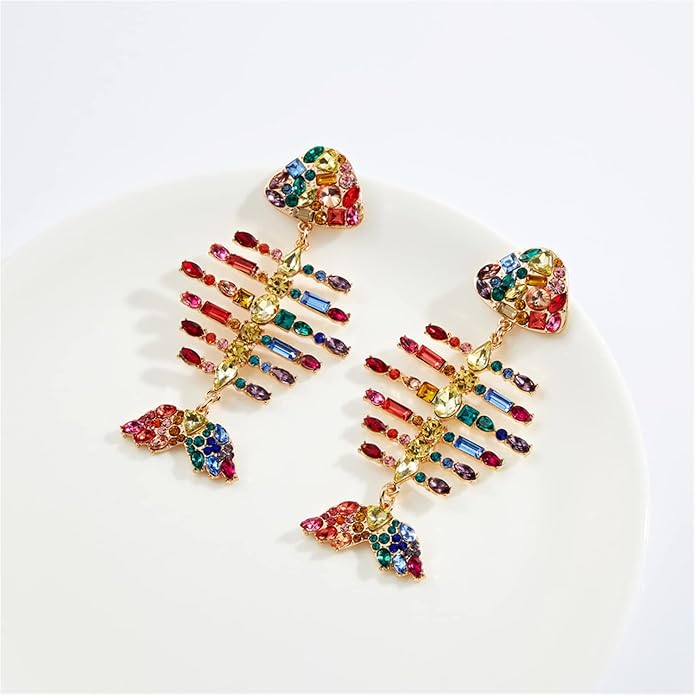 Creative Exaggerated Long Colorful Sparkly Crystal Fish Bone Dangle Drop Earrings Vintage Gold Cute Enamel Diamond Animal metal Stud Earrings