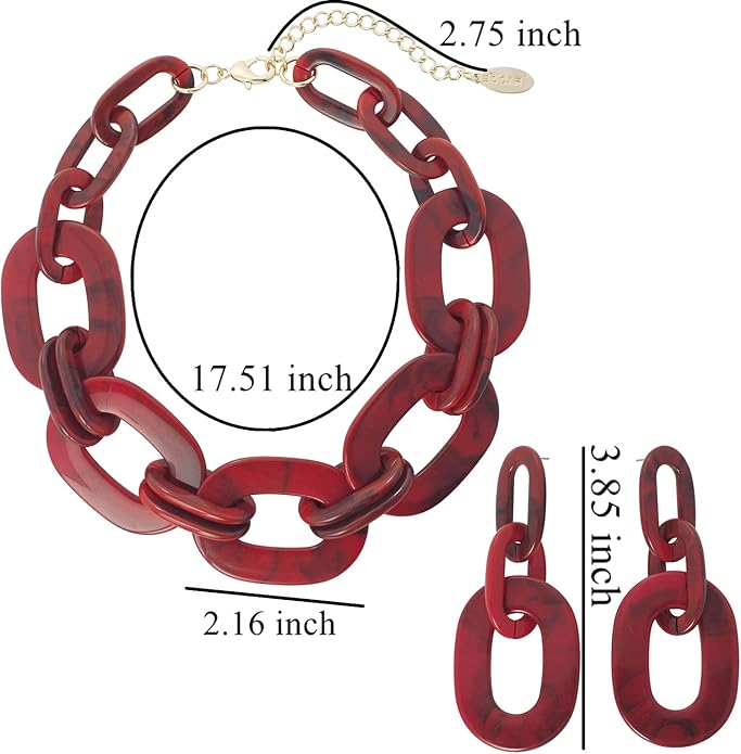 Bocar Acrylic Chunky Statement Necklace for Women Cube Link Chain Collar Necklace and Hoop Earrings Costome Jewelry Set