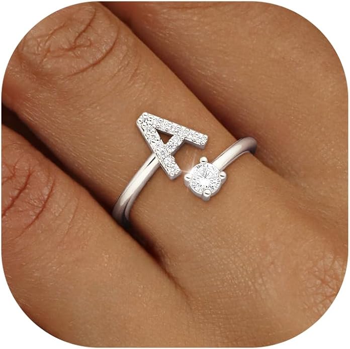 Valentines Day Gifts Gold Silver Initial Rings for Women Non Tarnish Dainty 14k Gold Plated Stackable Rings for Women Trendy Adjustable Letter Cubic Zirconia Pinky Ring Cute Open Birthday Gift Jewelry