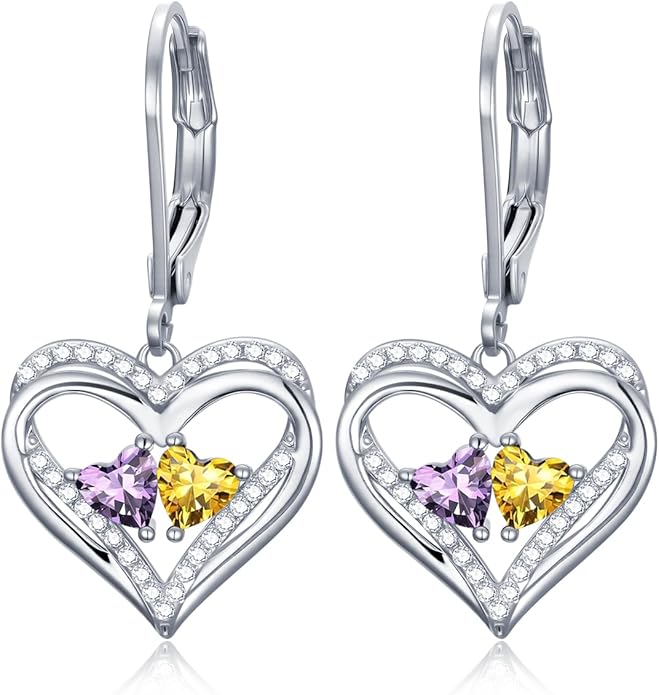 Valentines Day Gifts for Women, Heart Leverback Earrings Double Birthstone Dangle Earrings for Women, Love Jewelry for Her, Anniversary Birthday Gift for Mom Wife Girlfriend