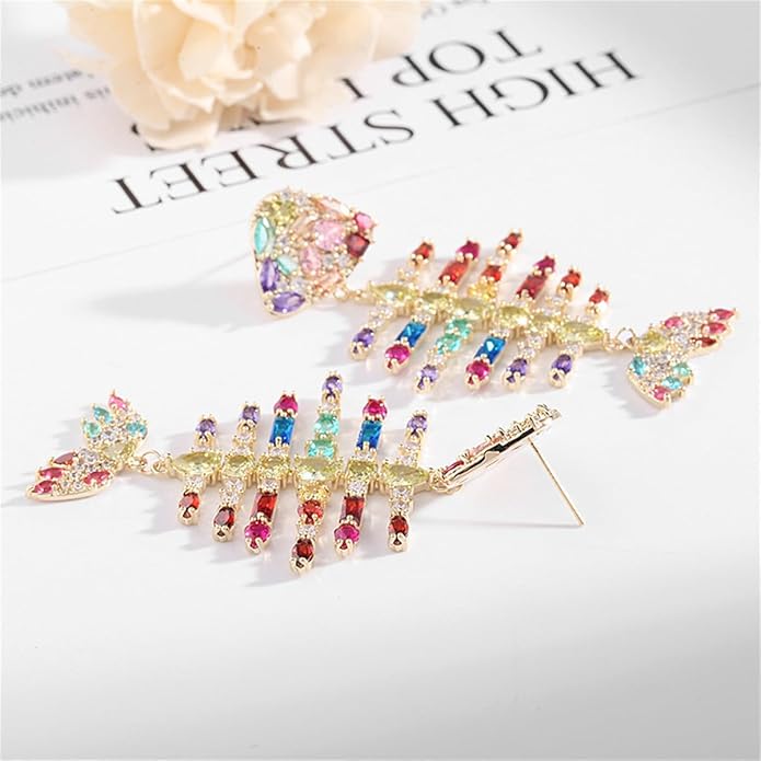 Gold Colorful Acrylic Rhinestone Fishbone Earrings Exaggerated Fish Animal Long Pendant Earrings Metal Studs Jewelry for Women Gift