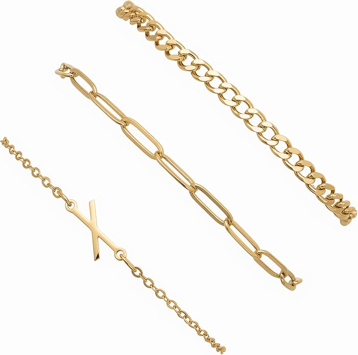 14K Gold Plated Bracelets for Women, A–Z Initial Charm Bangles Jewelry Set, Elegant Gold Accessories, Friendship Bracelet Gifts for Mom