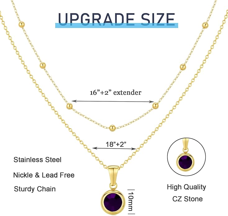 14K Gold-Plated Women's Double-Layer Birthstone Necklace Delicate Round Birthstone Pendant with a Simple Necklace, a Birthday Gift for Women Teenage Girls