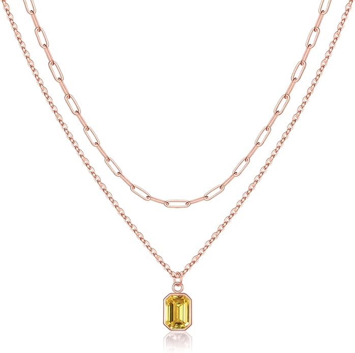 Layered Birthstone Necklace for Women Girls, 14K Gold-Plated Paperclip Chain Choker Necklace with Rectangle Birthstone Pendant Birthday Gifts for Women Girls Dainty Small