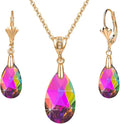 EVEVIC Austrian Crystals Teardrop Pendant Necklace Earrings for Women 14K Gold Plated Hypoallergenic Leverback Drop Dangle Earrings Jewelry Set