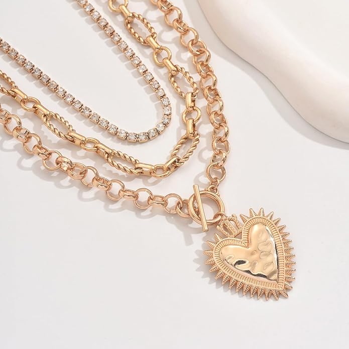 Chunky Gold Necklace Big Heart Necklace for Women Silver Large Statement Necklaces Thick Bold Chain Puffy Love Heart Charm Necklaces for Women with OT Toggle Silver Chunky Gold Jewelry Trendy Valentine's Day Gift