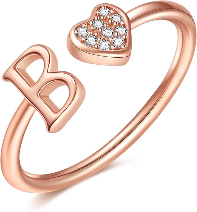 Valentines Day Gift Initial Rings for Teen Girls - S925 Heart Sterling Silver Rings for Teen Girls | 14K Gold/Rose Gold/Sterling Silver Plated Ring for Girls Kids Women Ring for Teenager Girls Gifts Adjustable, No Tarnish, Hypoallergenic