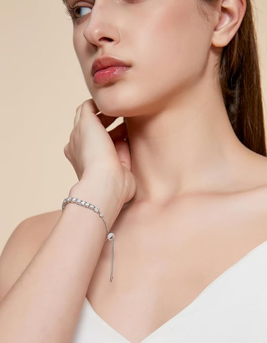 KRKC&CO Moissanite Bolo Tennis Bracelets for Women, 1.6-8.0 ct.tw, Adjustable Length S925 Sterling Silver, Christmas Gifts for Her, Luxury Box, 2/3/4mm D Color VVS1 White/14K/24K/Rose Gold Plated