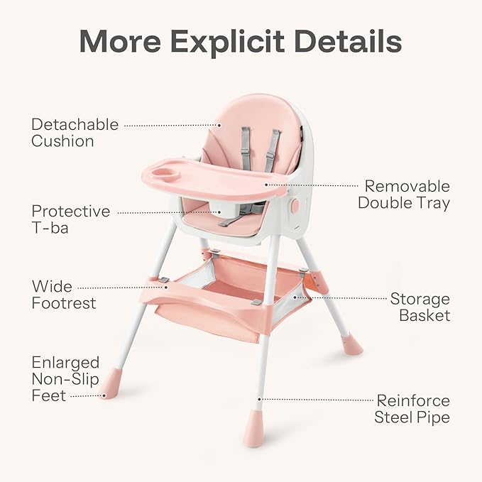 HARPPA 6-in-1 Convertible Baby High Chair for Toddlers, Foldable Highchair with Removable Tray for Eating & Playing, Adjustable 5-Point Safety Harness, Toddler High Chair with PU Cushion, Pink