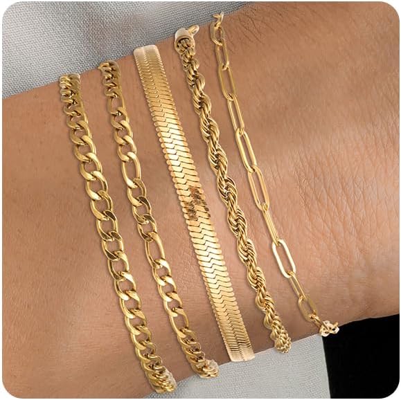 Silver and Gold Bracelets for Women Non Tarnish Waterproof Gold bracelet stack set, Adjustable 6.5"+2" Extender, Layered Bracelets for Women，Exquisite Jewelry Gift