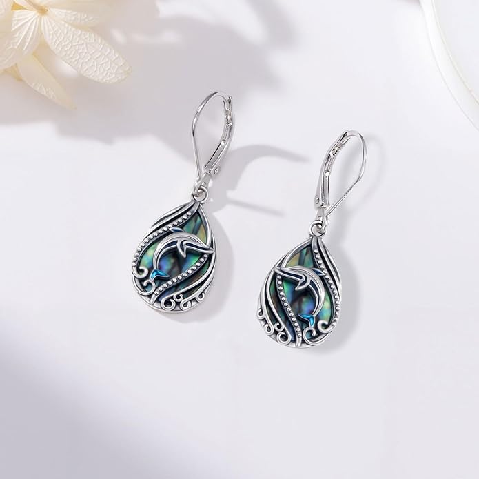 Animal Earrings 925 Sterling Silver Abalone Shell Dangle Drop Earrings Leverback Earrings Cute Animal Jewelry Gifts for Women Girlfriend