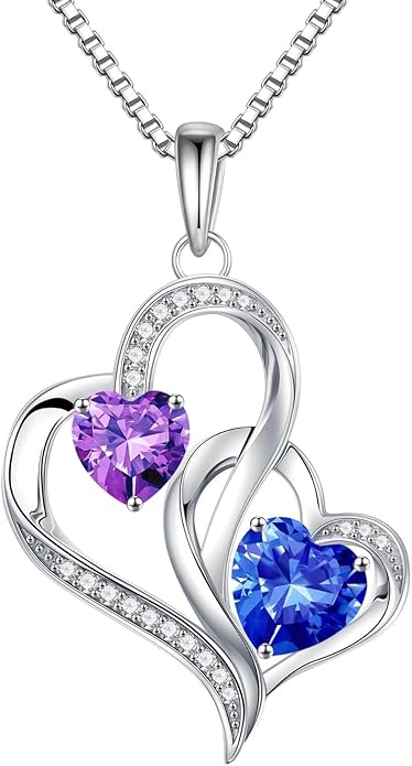Iefil Valentines Day Gifts for Her - 925 Sterling Silver Double Birthstone Necklace, Heart Necklaces for Women, Anniversary Birthday Gifts, Personalized Jewelry Gift for Wife Mom Girlfriend