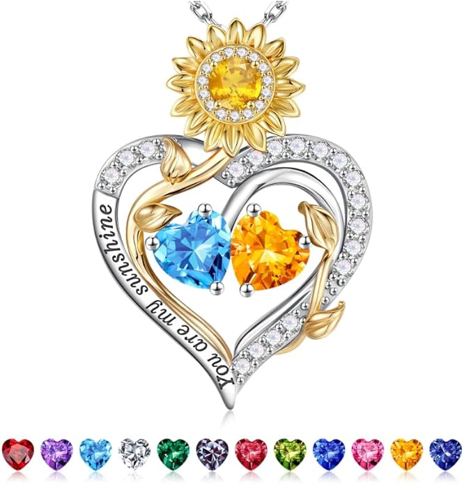 Iefil Valentines Day Gifts for Her - 925 Sterling Silver Sunflower Double Birthstone Necklace for Women, Anniversary Birthday Gifts for Wife, You Are My Sunshine Necklaces, Jewelry for Wife Mom