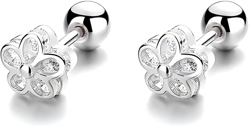 925 Sterling Silver Cubic Zirconia Screw Back Cute Flower Stud Earrings for Women