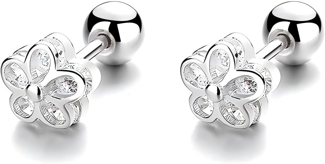 925 Sterling Silver Cubic Zirconia Screw Back Cute Flower Stud Earrings for Women