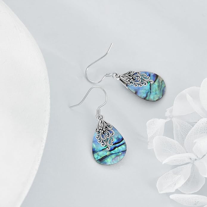 Abalone Shell Dangle Drop Earrings for Women 925 Sterling Silver Filigree Bohemian Earrings Jewelry Gift