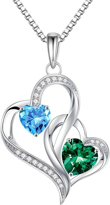 Iefil Valentines Day Gifts for Her - 925 Sterling Silver Double Birthstone Necklace, Heart Necklaces for Women, Anniversary Birthday Gifts, Personalized Jewelry Gift for Wife Mom Girlfriend