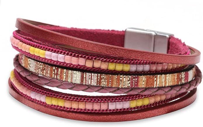 Fesciory Leather Wrap Bracelets for Women, Boho Leopard Multi-Layer Crystal Beads Cuff Bracelet Jewelry