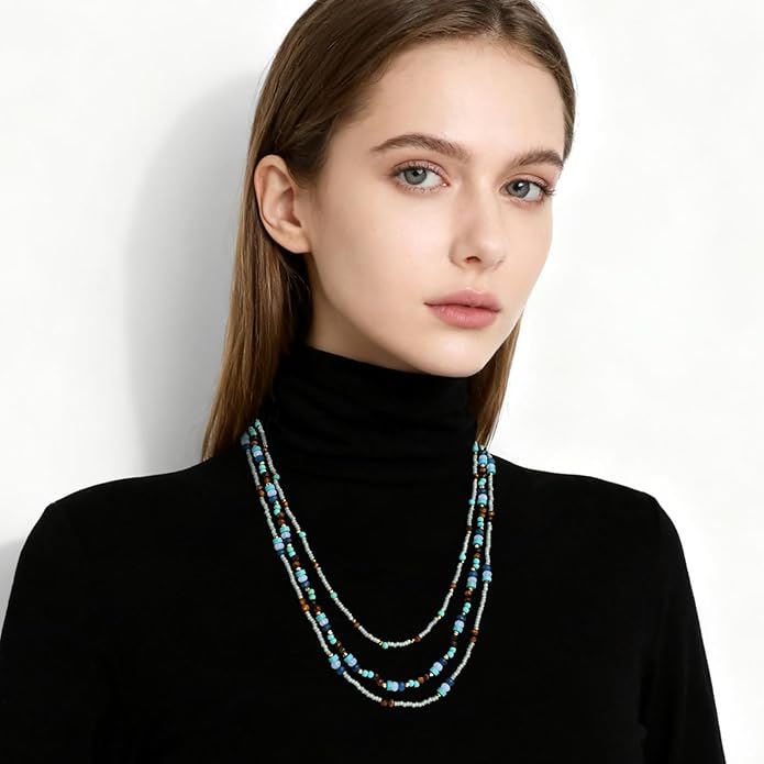 Boho Layered Necklaces For Women Western Turquoise Natural Stone Jewelry For Women Statement Beaded Necklace For Women Dainty Chain Necklace Stack For Women Unique And Unusual Gifts