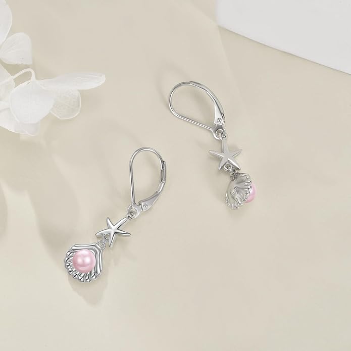 VONALA Silver/Gold Seashell Pearl Dangle Earrings 925 Sterling Silver Beach Drop Dangle Earrings Starfish Leverback Earrings Ocean Jewelry Gifts for Women