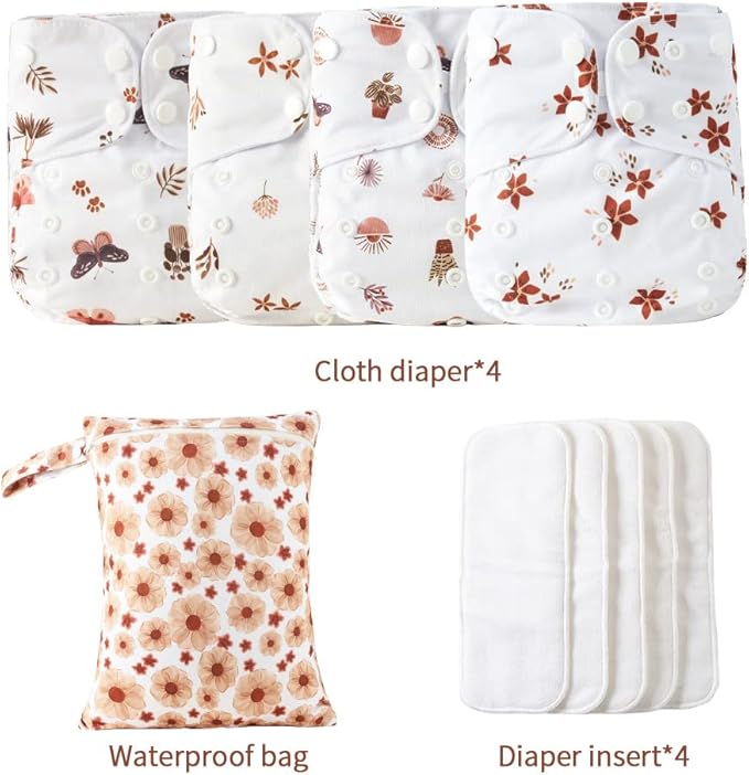 HappyFlute 9 Sets Newborn Baby Cloth Pocket Diapers One Size Adjustable Reusable for Baby Boys and Girls(6-33 pounds,0-3 Years),One Wet Bag+4Diapers and 4Inserts