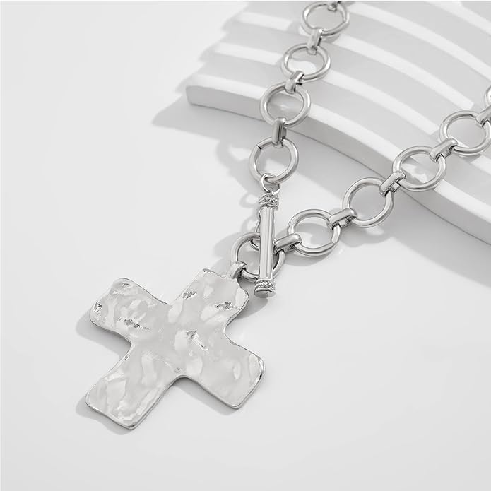 Atiptu Gold Chunky Cross Necklace for Women Statement Cross Pendant Necklace Layered Hammered Bold Cross Necklace Vintage Toggle Clasp Necklace Jewelry