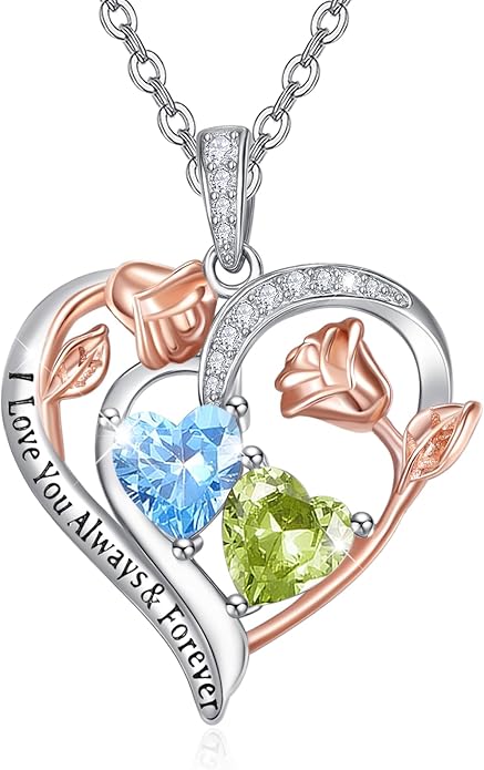 Valentine's Day Gifts for Wife 925 Sterling Silver Double Birthstone Pendant Necklaces I Love You for Always and Forever Necklace Anniversary Birthday Gifts for Wife Girlfriend Mom Her