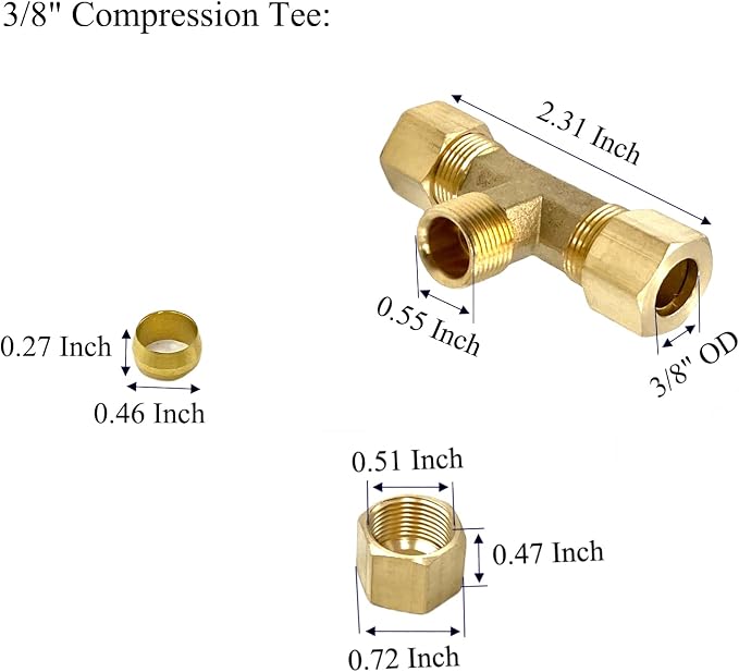 2 Pcs 3/8" Compression Tee, 3/8" OD x 3/8" OD x 3/8" OD Copper Tubing Fittings - Image 2