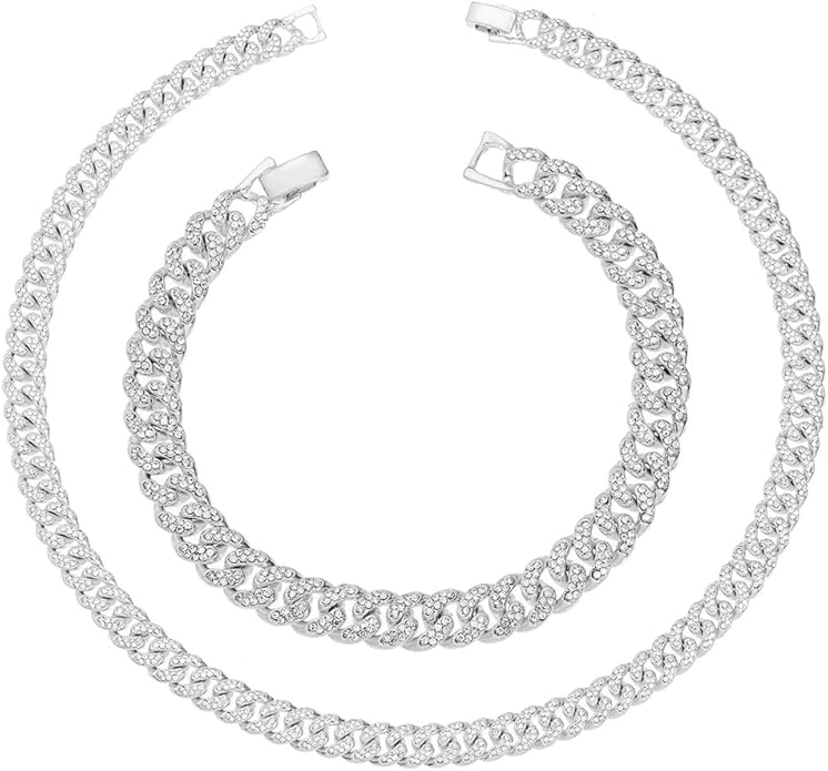 HH BLING EMPIRE 14k Gold/Silver Cuban Link Chain for Women Iced Out Diamond Chunky Cuban Link Necklace Chain Bracelet 2pcs Sets