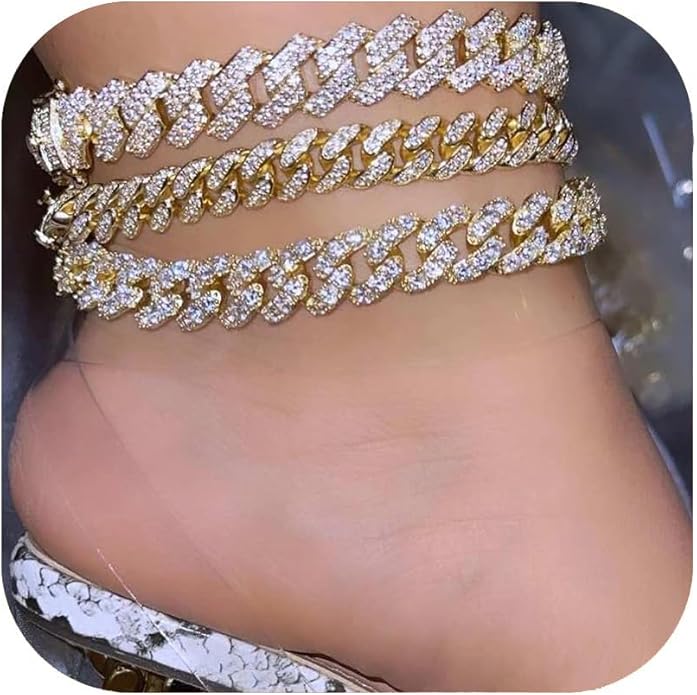 14K Gold Plated Ankle Bracelets for Women Cuban Link Anklets Plus Size Silver Ankle Bracelet Layered Link Anklet Set Rhinestone Bling Anklets Silver Jewelry for Women Gift Set