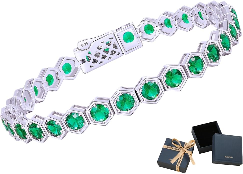Birthstone Tennis Bracelets for Women Birthday Gifts 925 Sterling Silver Hexagon White Gold Bracelets Round Cut 5A Cubic Zirconia Prong Setting 7 Inch Anniversary Jewelry Gift