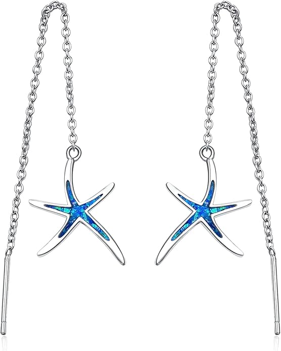 925 Sterling Silver Starfish Earrings With Opal Fish Hoops, Nautical Hawaiian Sea Beach Jewelry for Women and Starfish Lovers