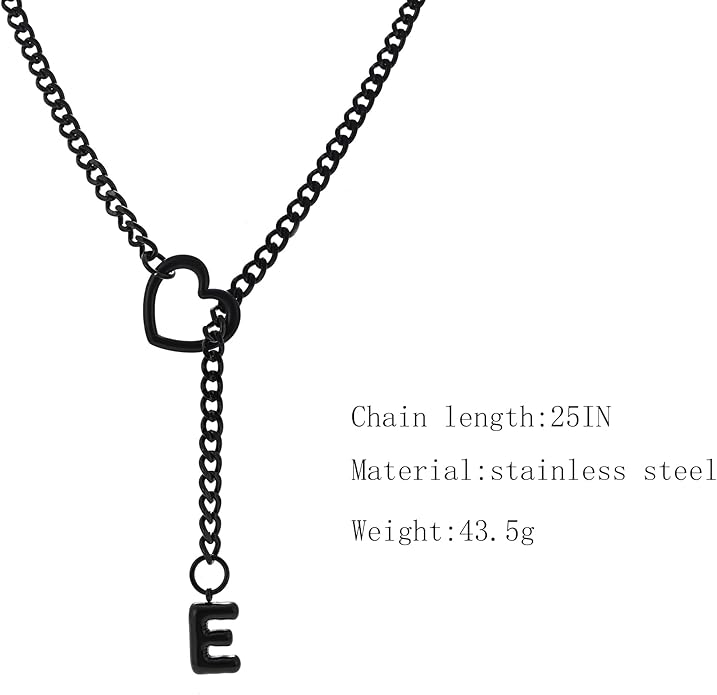 Black Heart Slip Chain Initial Necklaces for Women,Stainless Steel O-Ring Adjustable Lariat Heart Y-Necklace,Punk Gothic Cuban Collar Choker Necklace for women