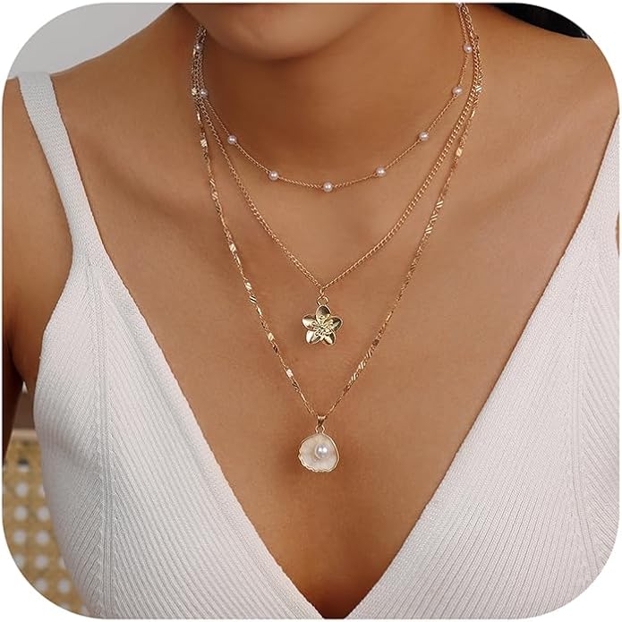 Evabelle Gold Layered Necklace for Women Trendy Jewelry 14K Real Gold Plated Chunky Chain Stackable Necklaces Dainty Choker Necklaces Rectangle Square Pendant