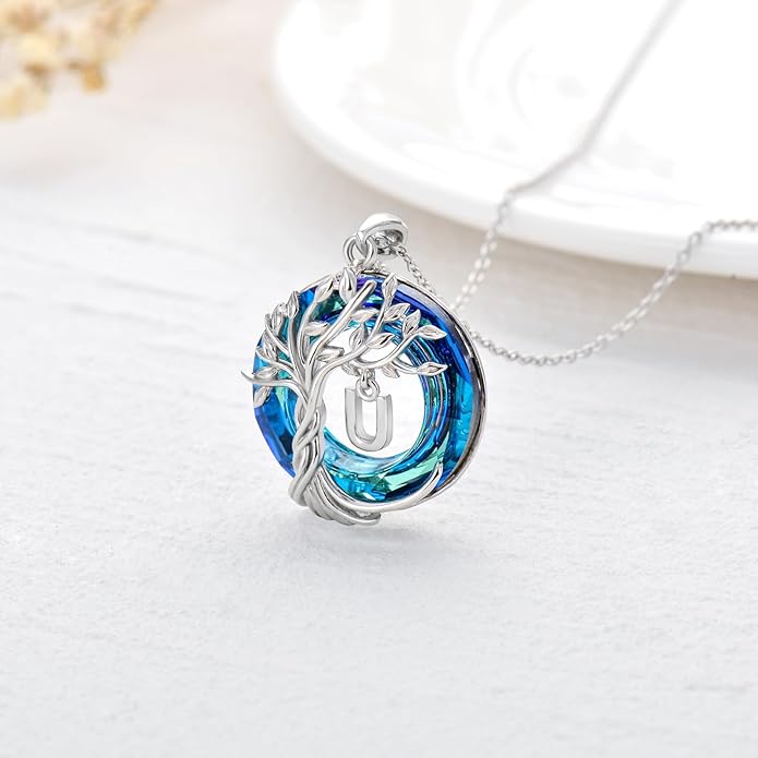 TOUPOP Gifts for Women Tree of Life Necklace 925 Sterling Silver Initial Pendant Family Tree Crystal Jewelry Valentine's Day Birthday Gifts for Her Mom Wife Girlfriend Daughter