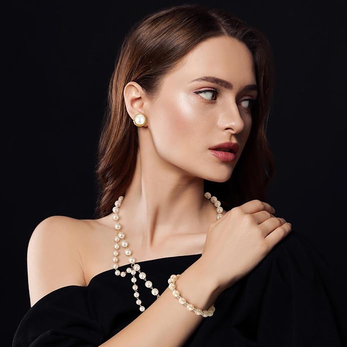Glenmal Pearl Rhinestone Jewelry Set for Women Pearl Necklace Bracelet Earrings for Wedding Birthday Bridal Shower Tea Party