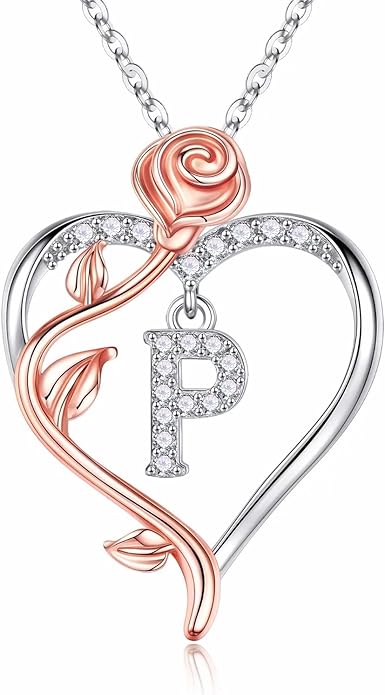 Iefil Valentines Day Gifts for Her - 925 Sterling Silver Rose Heart Initial Necklace, Anniversary Birthday Gifts for Women, Jewelry Gift for Her Wife Girlfriend