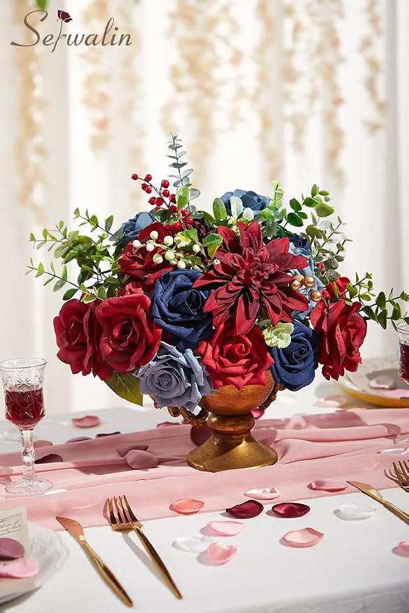 Serwalin Artificial Flowers Burgundy Navy Dahlia Silk Flowers - Image 5
