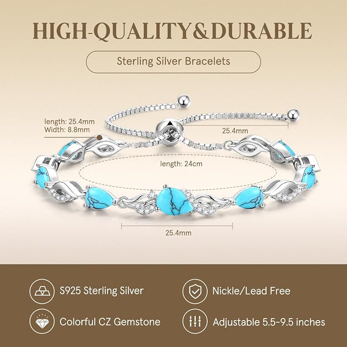 FANCIME Birthstone Teardrop Tennis Bracelet for Women, Sterling Silver 9x7mm main Gemstone Bolo Adjustable Chain Bracelet Fine Jewelry Birthday Gifts for Women Mom Wife Her