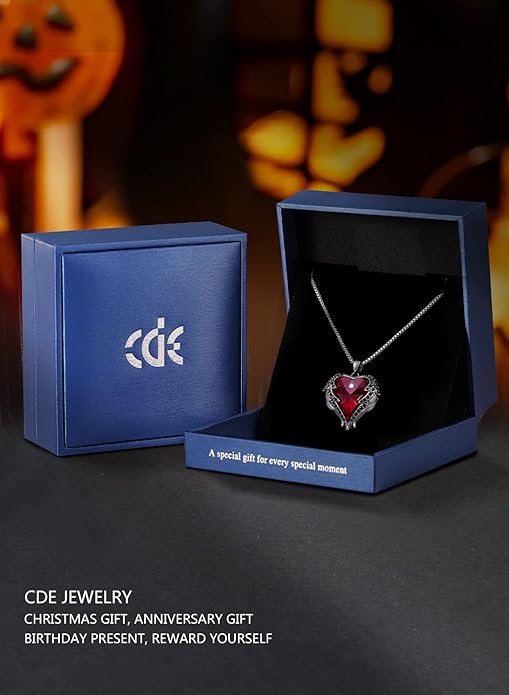 CDE Valentines Day Gifts for Women Angel Wings Necklace for Women with Birthstone, Love Heart Silver Tone/Gold Tone Pendant, Ideal Anniversary or Birthday Jewelry Gifts for Wife Girlfriend Her