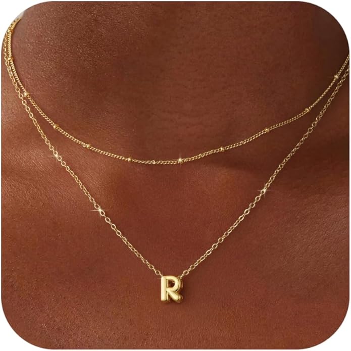 Valentines Day Gifts for Her - Bubble Letter Necklace Layered 14K Gold Plated Initial Necklaces for Women Dainty Cute Choker Pendant Stack Jewelry Fashion Accessories Teen Gift Trendy Stuff