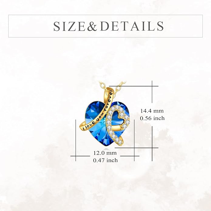 KECHO 14K Real Gold I Love You Forever Necklace Solid Yellow Gold Heart Birthstone Crystal Pendant Jewelry Birthday Mother's Day Anniversary Christmas Gifts for Women