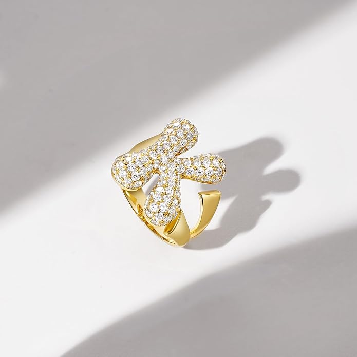 KissYan Bubble Initial Ring Valentines Day Gifts for Women, 14k Gold Plate Balloon Jumbo Letter Rings Open Adjustable Dainty Pave CZ Personalized Fashion Trendy Statement Jewelry