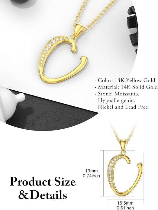 14k Gold Initial Necklace for Women, Solid Gold Moissanite Letter Pendant Necklaces Jewelry for Her Birthday Valentines Day Gifts for Mom Wife Christmas Gifts for Girlfriend Sister