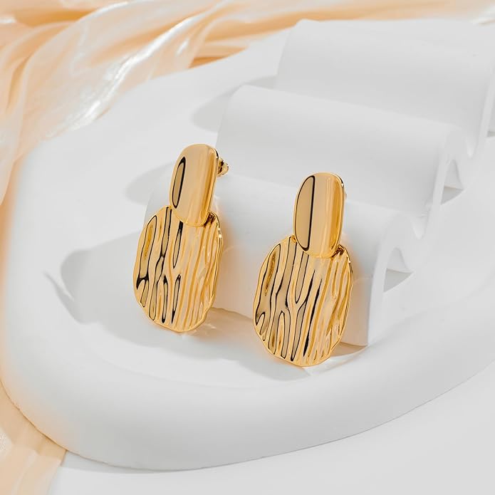 Chunky Gold Earrings for Women - Hammered Gold Plated Dangle Drop Jewelry Gifts